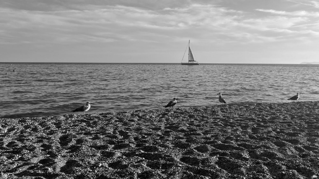 Ein kleines Segelboot an der italienischen Küste, das auf Kurs geht